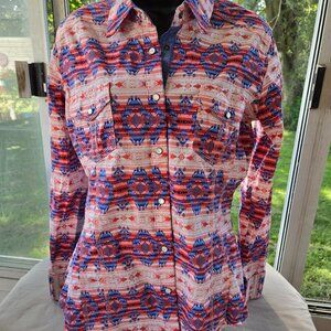 Rock & Roll Cowgirl Shirt Southwestern Print Snap Button Women's Large
